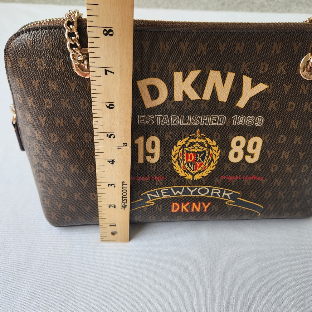 DKNY Signature Logo Maddison Dome Shoulder Bag Satchel Top Zip Brown Gold Chain - Picture 15 of 16